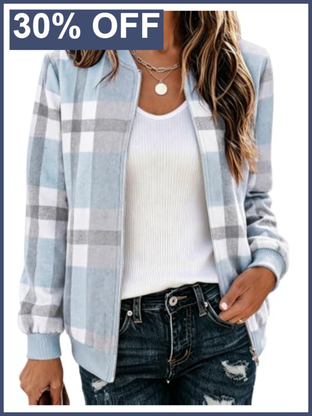 Womens Plaid Flannel Bomber Jacket Zip Up Lightweight Casual Coat